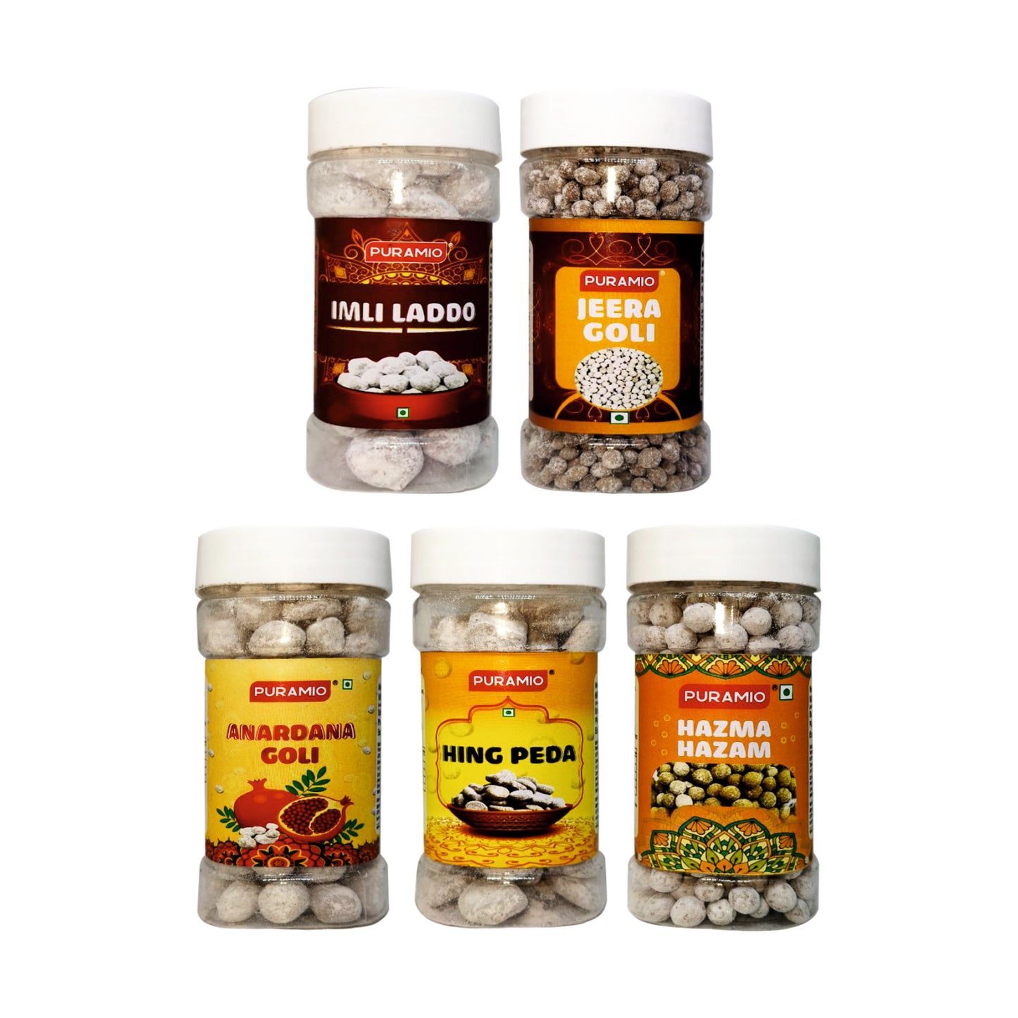 Puramio Digestive Mukhwas (Pack of 5) Each 140g, Anardana Goli, Hazma Hazam, Hing Peda, Imli Laddu & Jeera Goli | Fresh Candy For Kids | Churan Digestive After Meal Mouth Freshener/Mukhwas | Toffee