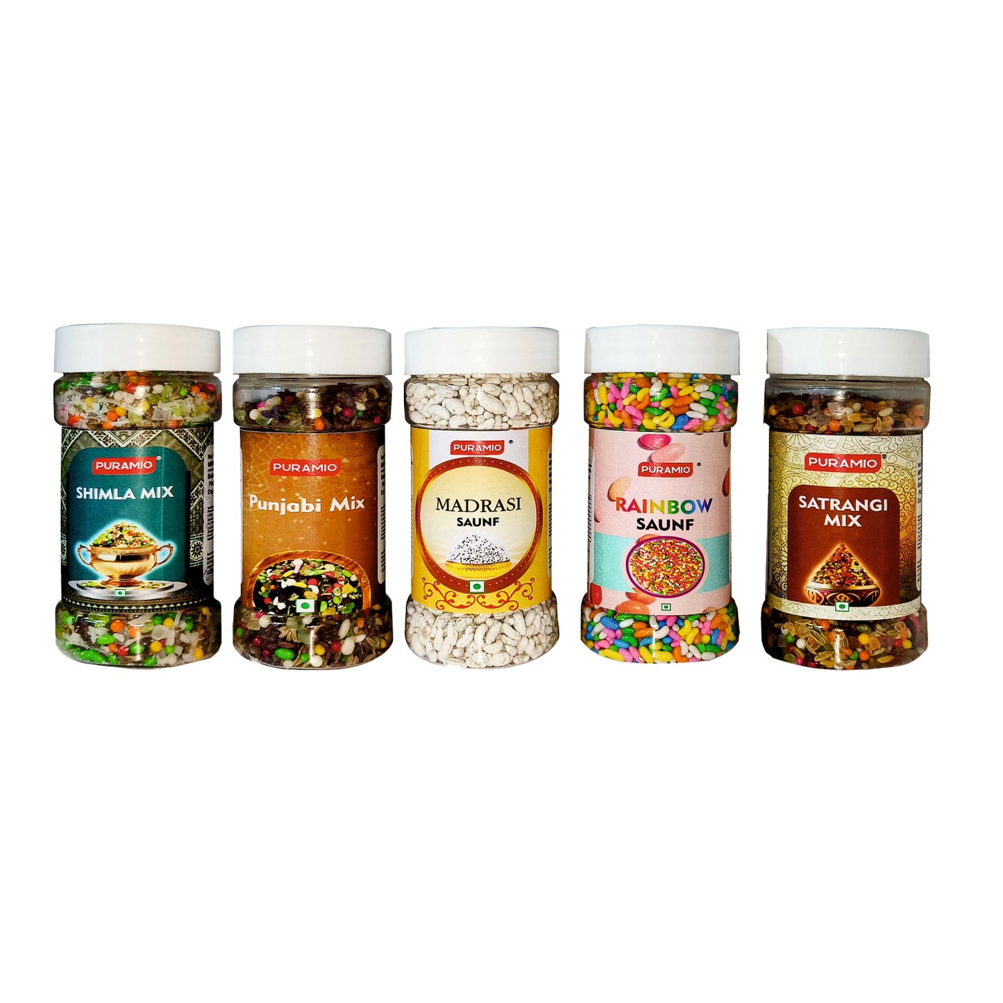 Puramio Mouth Freshner Combo Pack of 5, Madrasi Saunf, Rainbow Saunf, Punjabi Mix, Shimla Mix, Satrangi Mix - 150g Each