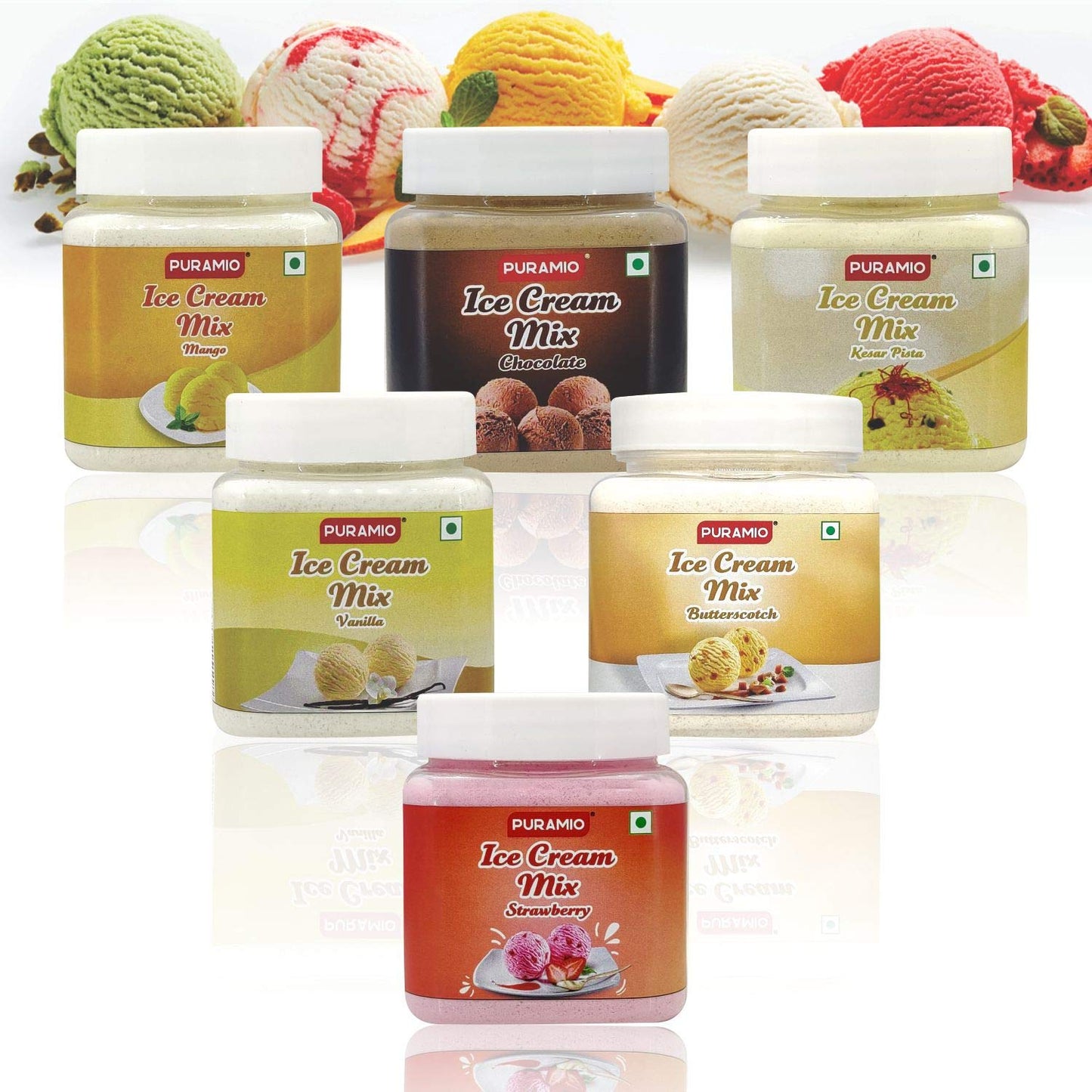 Puramio Icecream Mix, 250gm Each (Pack of 6)- Vanilla, Chocolate, Strawberry, Mango, Kesar Pista, Butterscotch - (250g Each (Pack of 6))