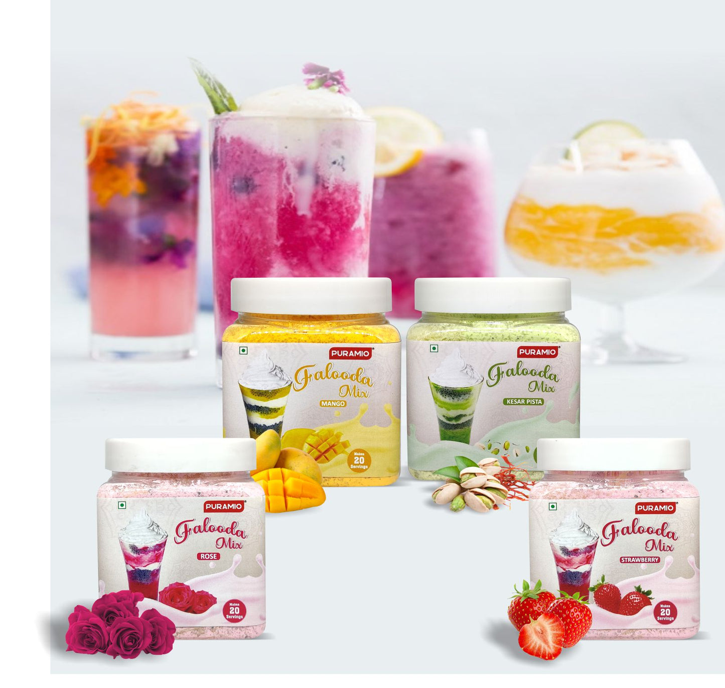 Puramio Falooda Mix Combo (Pack of 4)- Strawberry, Rose, Mango & Kesar Pista,