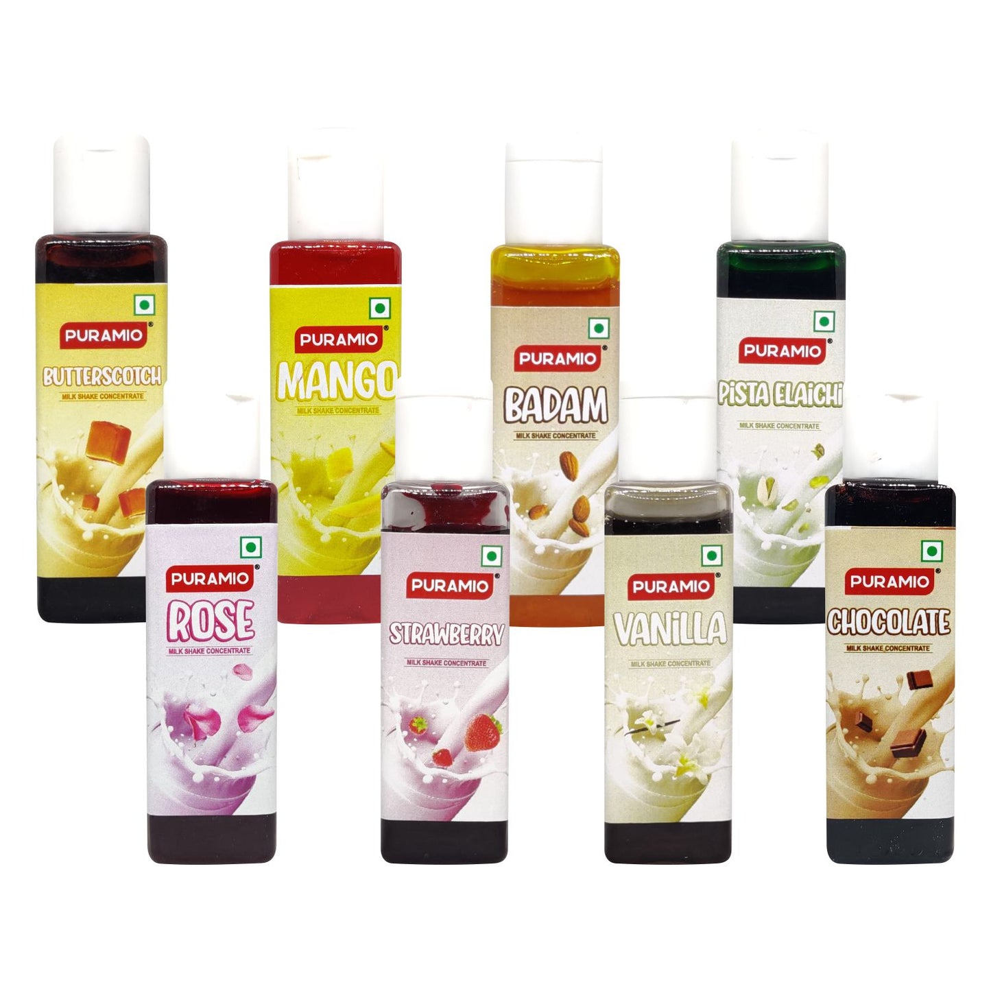 Puramio Milk Shake Mix | Concentrate Assorted (Pack of 8) Each, 30ml - Badam, Rose, Pista Elaichi, Mango, Strawberry, Vanilla, Chocolate, Buttersctoch