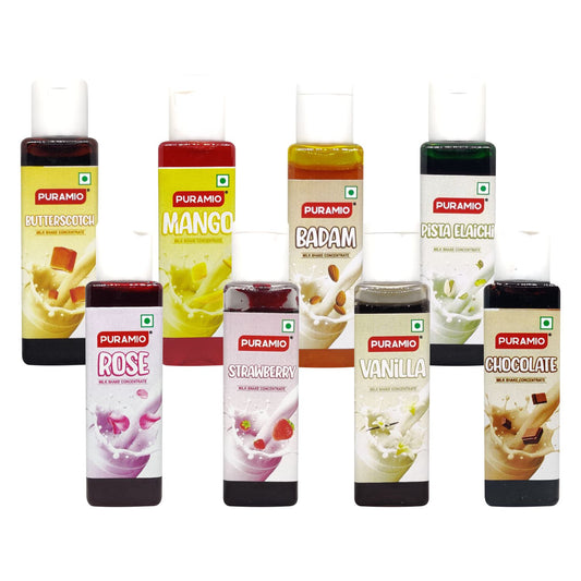 Puramio Milk Shake Mix | Concentrate Assorted (Pack of 8) Each, 30ml - Badam, Rose, Pista Elaichi, Mango, Strawberry, Vanilla, Chocolate, Buttersctoch