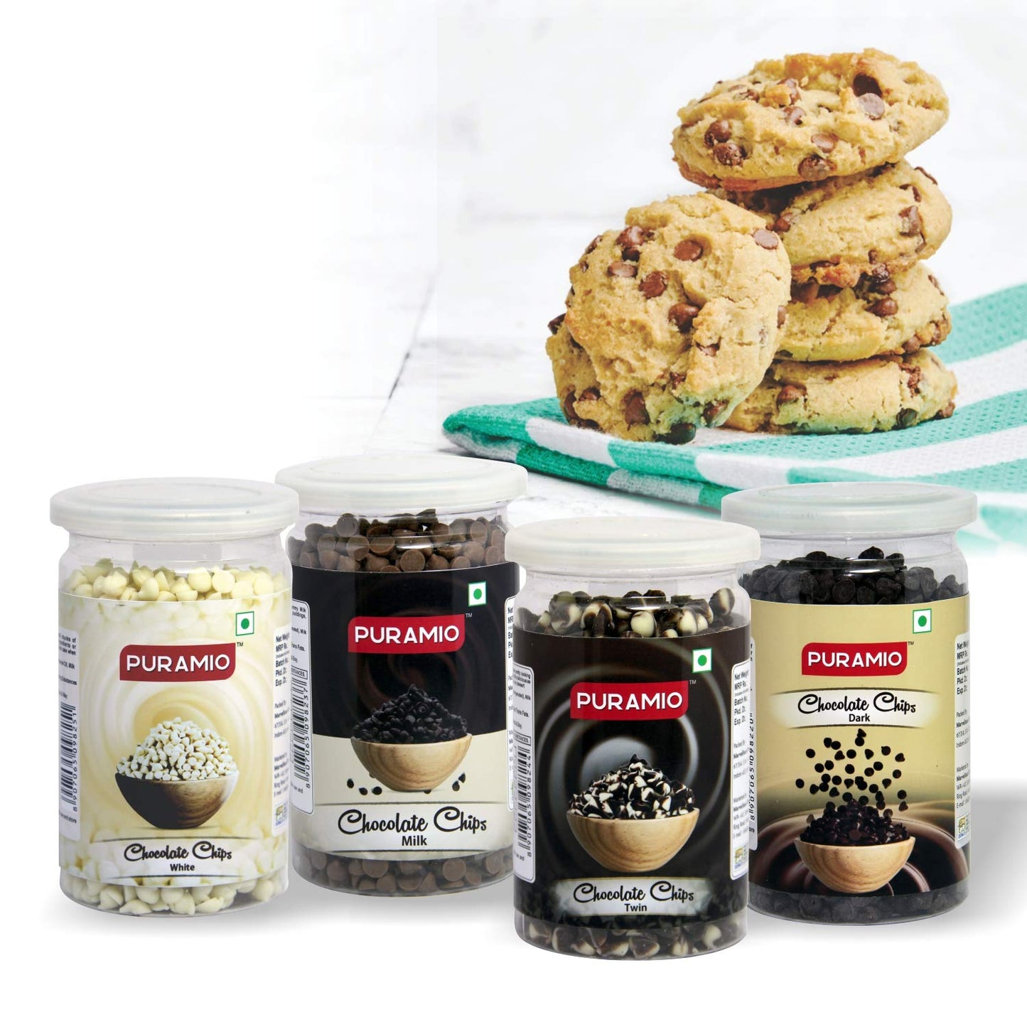 Puramio Chocolate Chips Combo - White, Milk, Twin & Dark, 200g Each (Pack of 4)