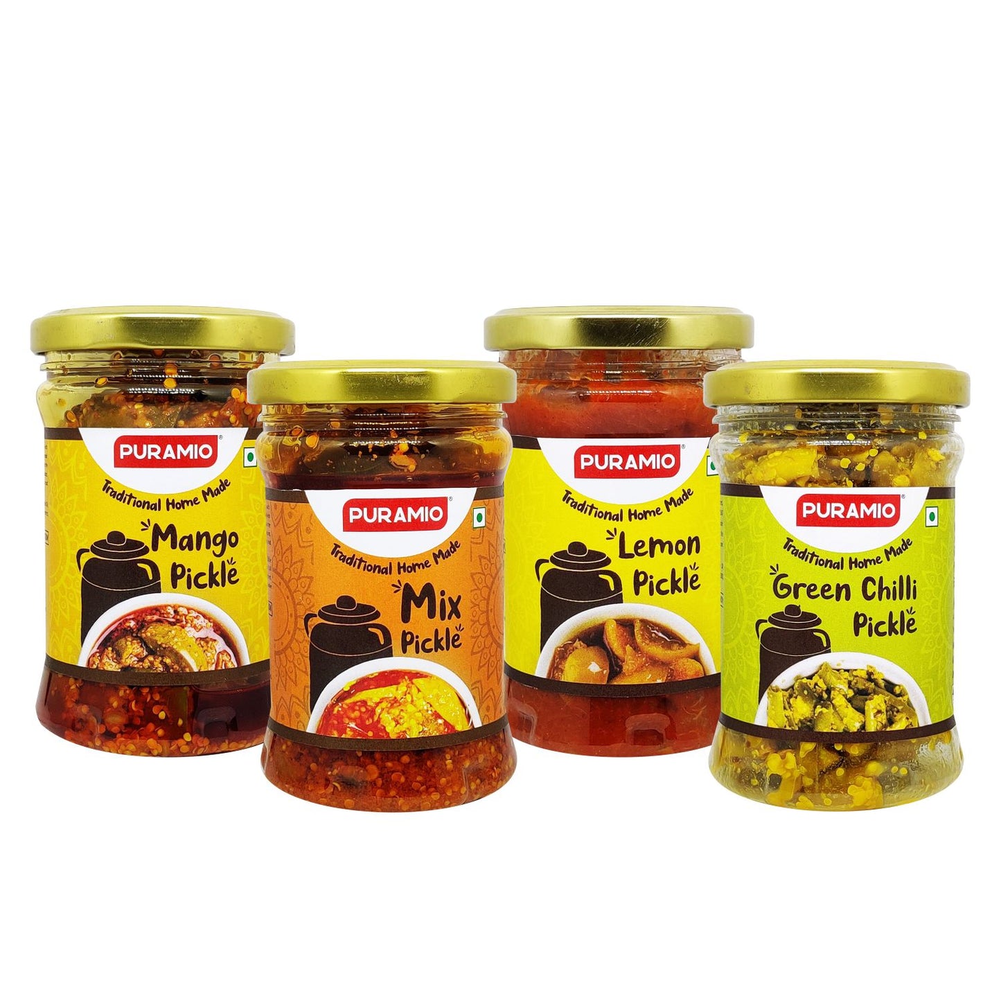 Puramio Traditional Home Made Pickle Combo - Mango (225g), Green Chilli (150g), Lemon (250g) & Mixed (275g)