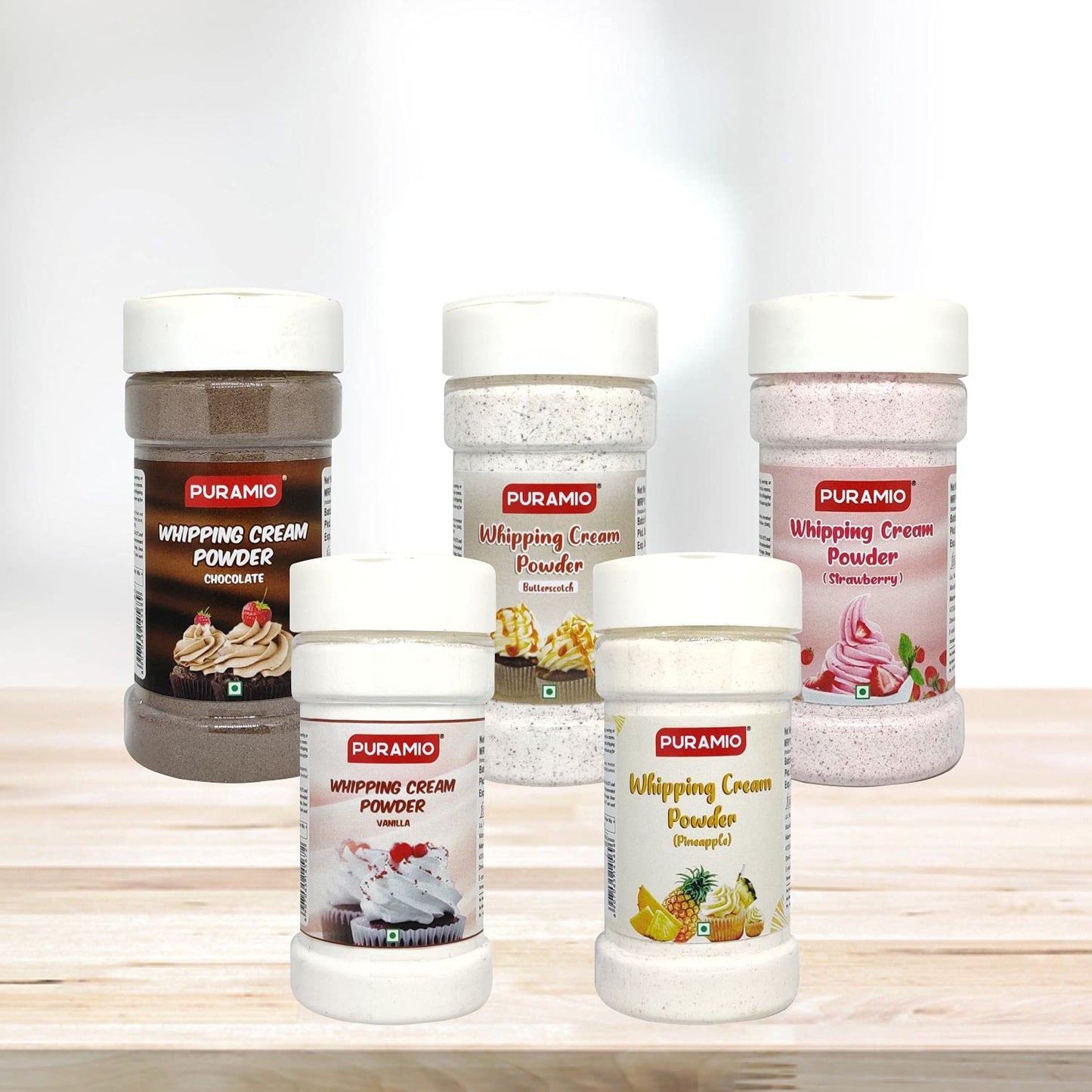 Puramio Whipping Cream Powder Vanilla, Chocolate, Pineapple, Strawberry and Butterscotch, (125g Each (Pack of 5))