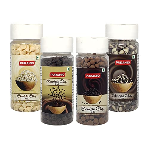 Puramio Chocolate Chips Combo - White, Milk, Twin & Dark, (75g each (Pack of 4))