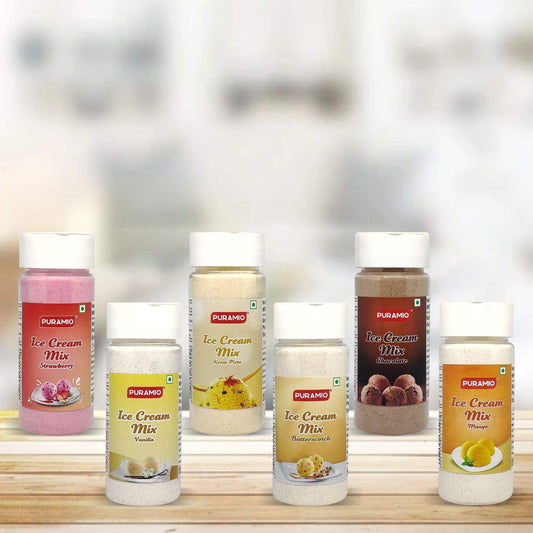 Puramio Icecream Mix, 100gm Each (Pack of 6)- Vanilla, Chocolate, Strawberry, Mango, Kesar Pista, Butterscotch- (100g Each (Pack of 6))