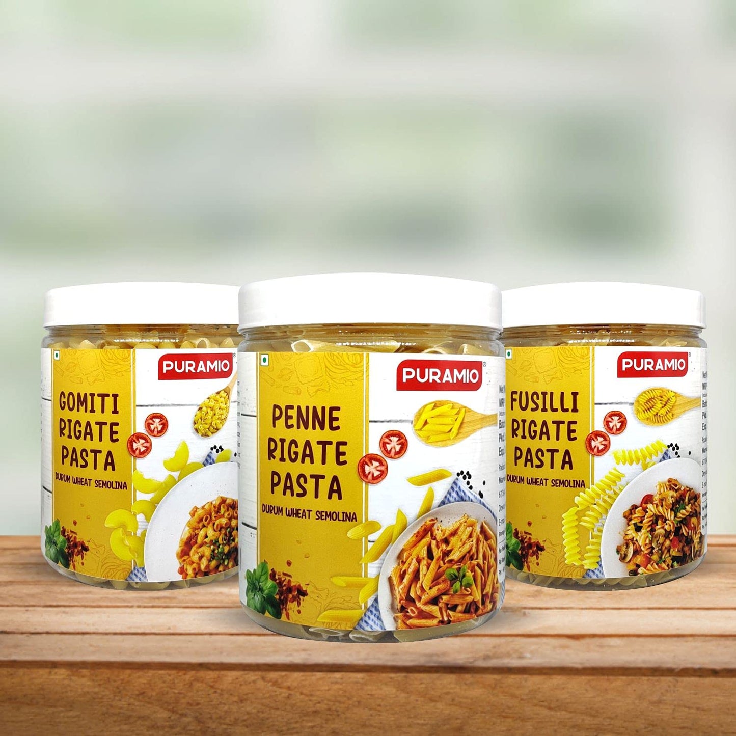 Puramio Combo Pack - Penne Rigate (600g), Gomiti Rigate (600g) & Fusilli Durrum Wheat Semolina Pasta, (480g)