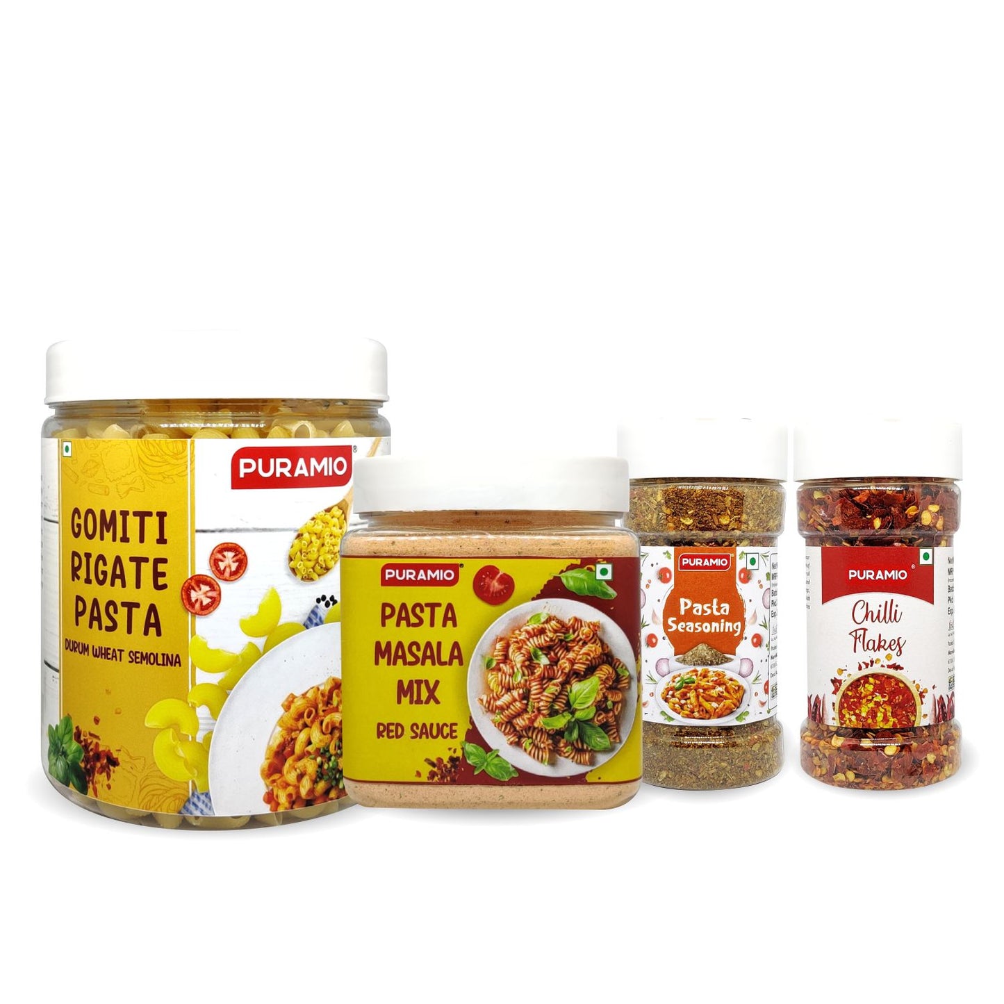 Puramio Pasta Combo Pack Gomiti Rigate - Durrum Wheat Semolina Pasta (600g), Pasta Masala Mix - Red Sauce (250g), Pasta Seasoning (100g) & Chilli Flakes (70g)
