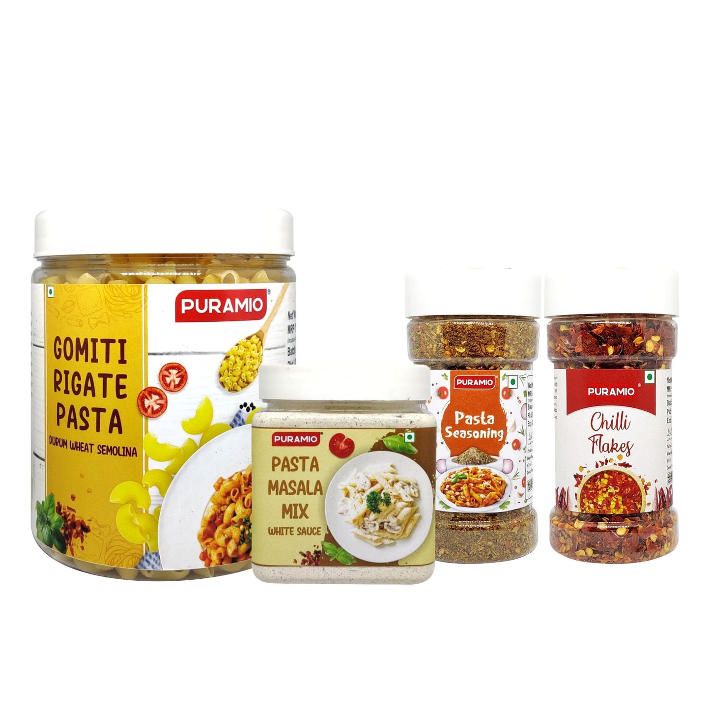 Puramio Pasta Combo Pack Gomiti Rigate - Durrum Wheat Semolina Pasta (600g), Pasta Masala Mix - White Sauce (250g), Pasta Seasoning (100g) & Chilli Flakes (70g)