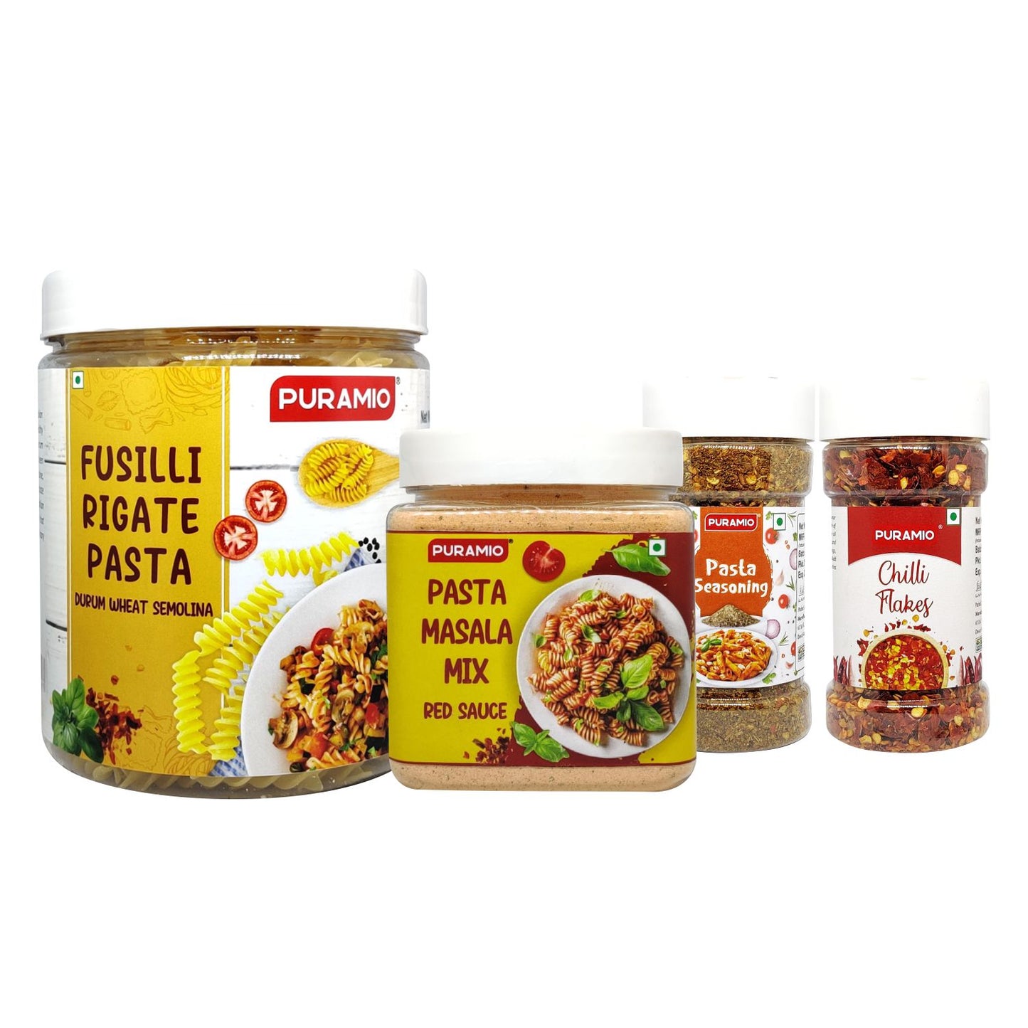 Puramio Pasta Combo Pack Fusilli - Durrum Wheat Semolina Pasta (480g), Pasta Masala Mix - Red Sauce (250g), Pasta Seasoning (100g) & Chilli Flakes (70g)
