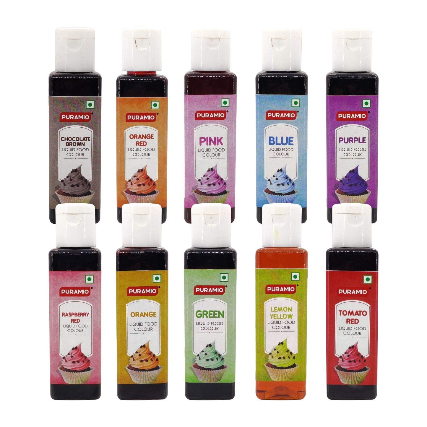 Puramio Assorted Liquid Food Colours, (Pack of 10) - Tomato Red, Lemon Yellow, Orange Red, Orange, Raspberry Red, Blue, Purple, Green, Pink, Chocolate Brown