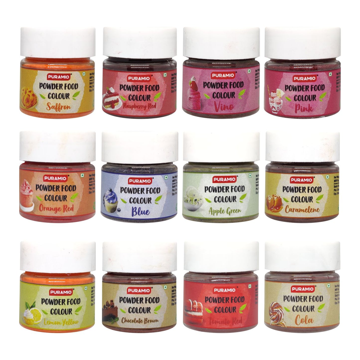 Puramio Powder Food Colour Combo of 12 - 20gm - Apple Green, Blue, Caramelene, Chocolate Brown, Saffron, Cola, Lemon Yellow, Orange Red, Pink, Raspberry Red, Tomato Red, Vino