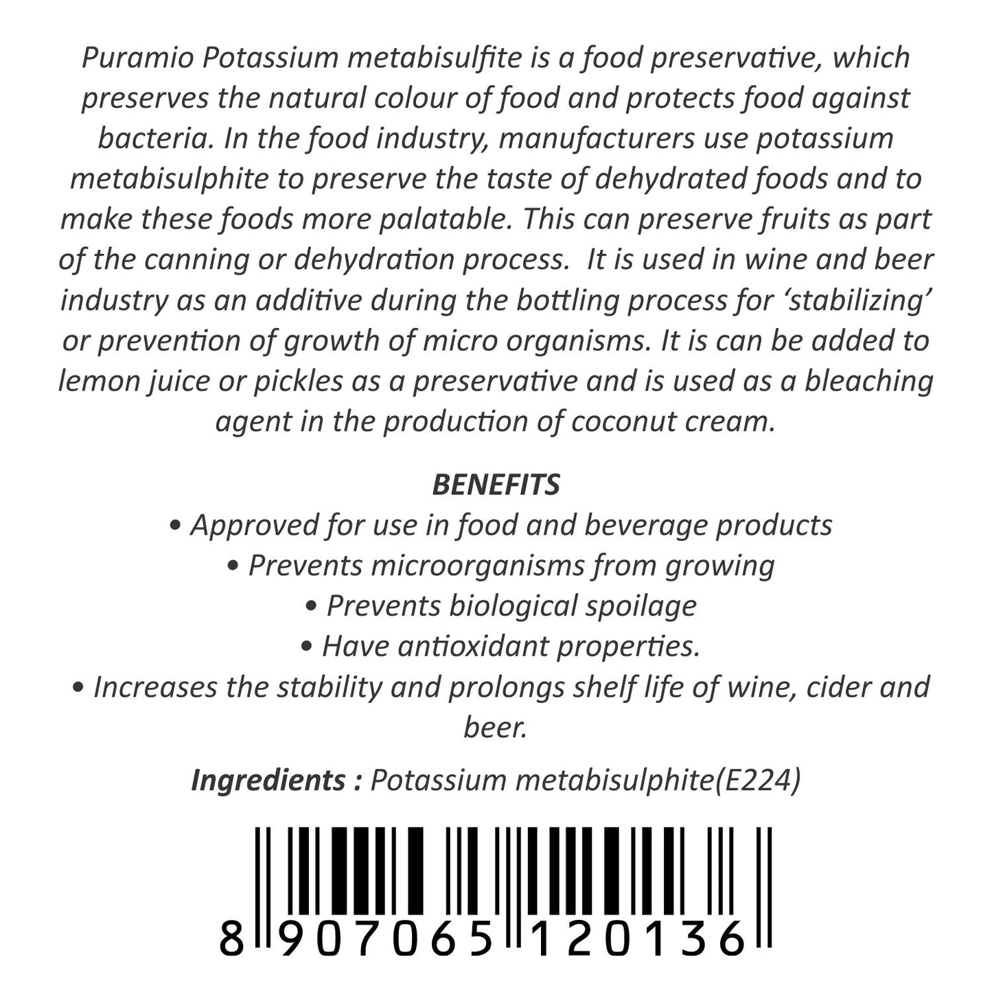 Puramio Potassium Metabisulphite