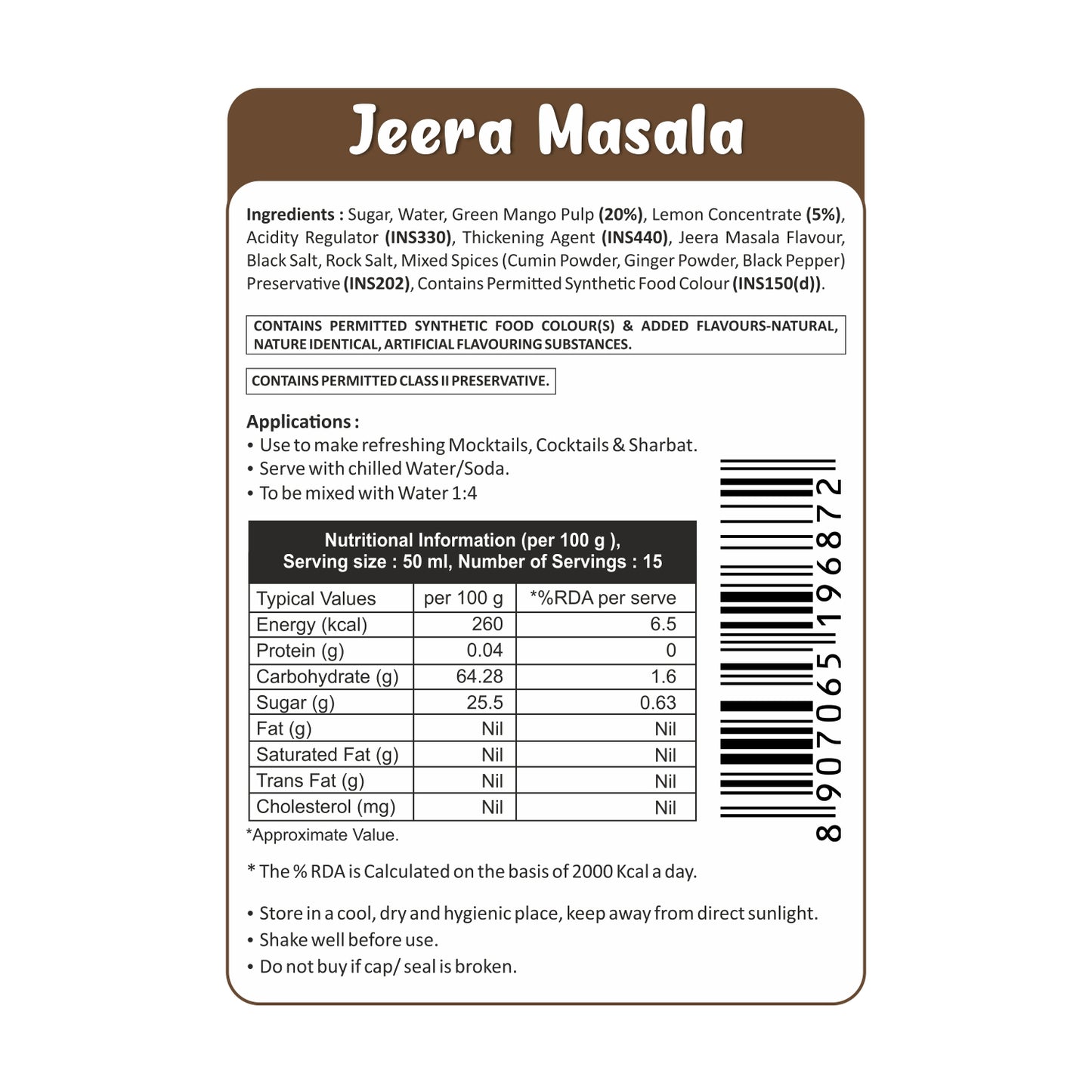 Puramio Jeera Masala Syrup for for Cocktails, Mocktail, Drinks, Juices, Beverages, 750ml