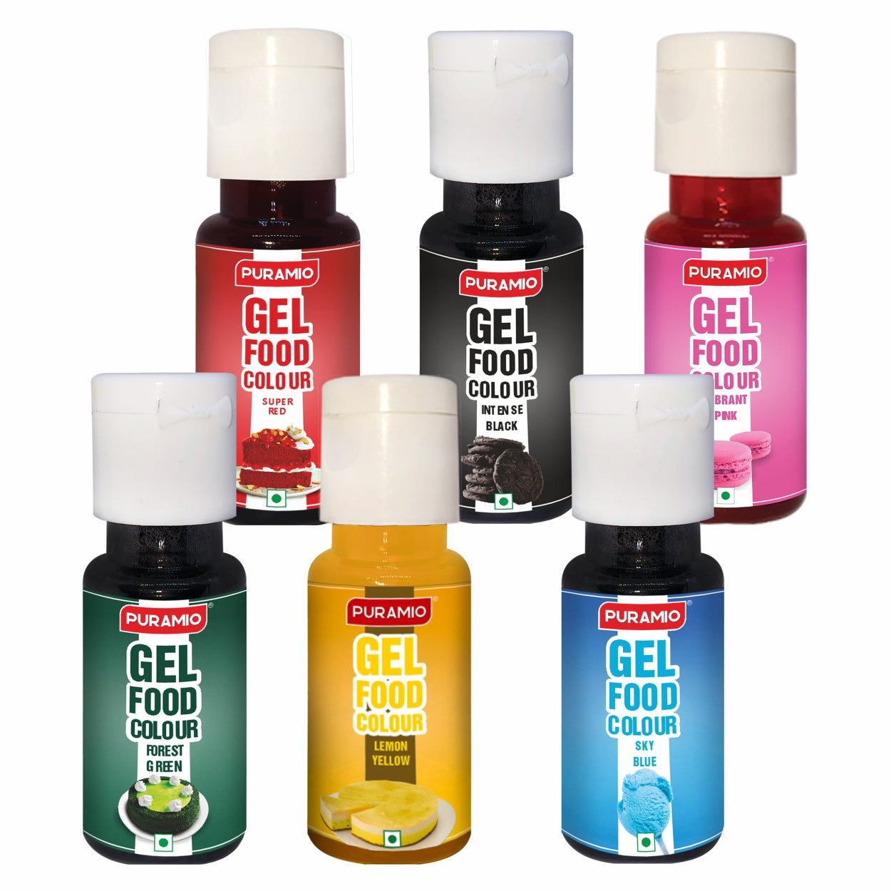 Puramio Gel Food Colour Combo Pack of 6 (20g Each) - Super Red, Intense Black, Vibrant Pink, Forest Green, Lemon Yellow, Sky Blue