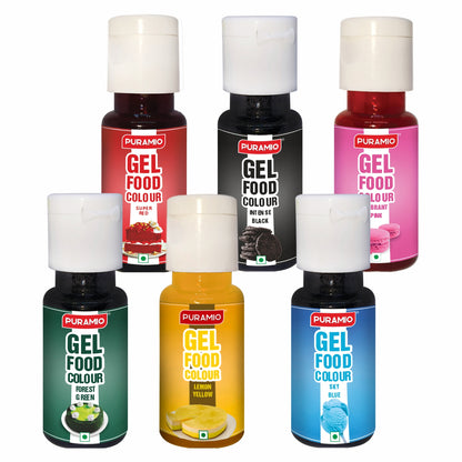 Puramio Gel Food Colour Combo Pack of 6 (20g Each) - Super Red, Intense Black, Vibrant Pink, Forest Green, Lemon Yellow, Sky Blue