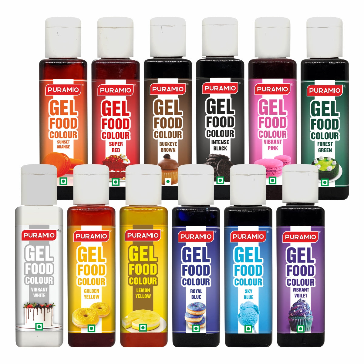 Puramio Gel Food Colour Combo Pack of 12 (30g Each) - Sunset Orange, Super Red, Buckeye Brown, Intense Black, Vibrant Pink, Forest Green, Vibrant White, Golden Yellow, Lemon Yellow, Royal Blue, Sky Blue, Vibrant Voilet
