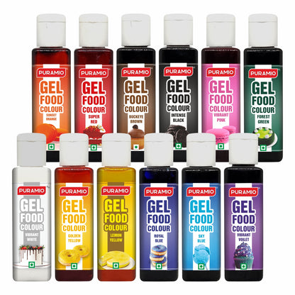 Puramio Gel Food Colour Combo Pack of 12 (30g Each) - Sunset Orange, Super Red, Buckeye Brown, Intense Black, Vibrant Pink, Forest Green, Vibrant White, Golden Yellow, Lemon Yellow, Royal Blue, Sky Blue, Vibrant Voilet