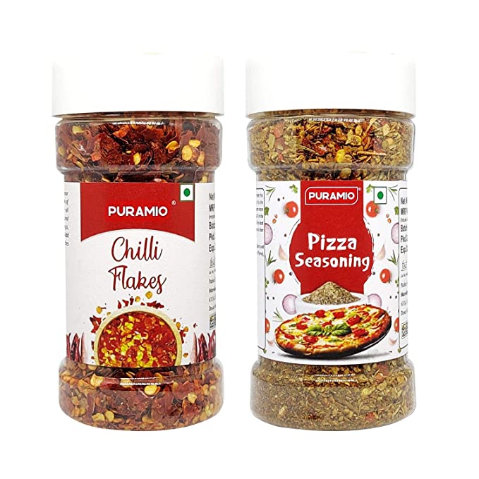 Puramio Combo Pack of Chilli Flakes, 70g + Pizza Seasoning, 100g [100% Natural]