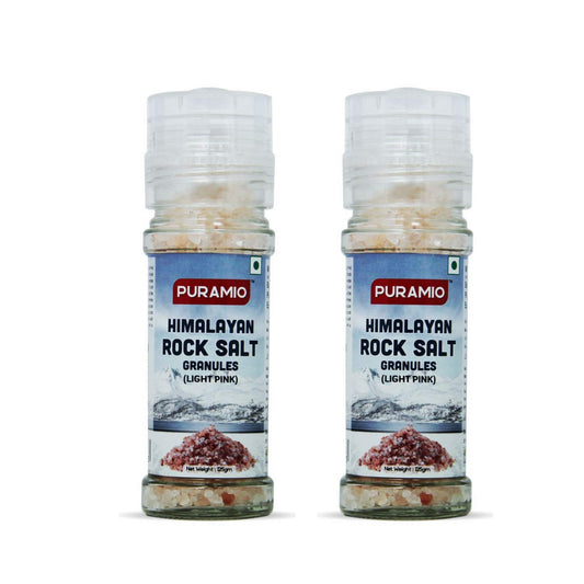 Puramio Himalayan Pink Rock Salt Granules in Grinder Bottle - Light, 250g [125g x 2]