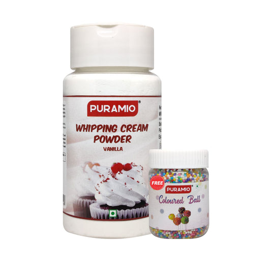 Puramio Whipping Cream Powder- Vanilla, Whipped Cream for Cake, 100g Pack + 25g Coloured Balls Free