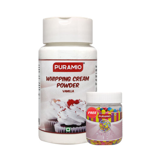 Puramio Whipping Cream Powder- Vanilla, Whipped Cream for Cake, 100g Pack + 25g Coloured Disc Free
