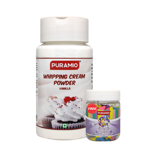 Puramio Whipping Cream Powder- Vanilla, Whipped Cream for Cake, 100g Pack + 25g Coloured Butterfly Free