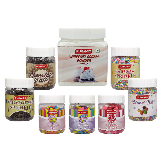 Puramio Cake Decoration/Topping Combo Pack of 8- Whipping Cream Vanilla 250g, Rainbow, Chocolate Sprinkle, Coloured Balls, Coloured Disc, Coloured Butterfly, Coloured Heart & Chocolate Balls- 25g Each