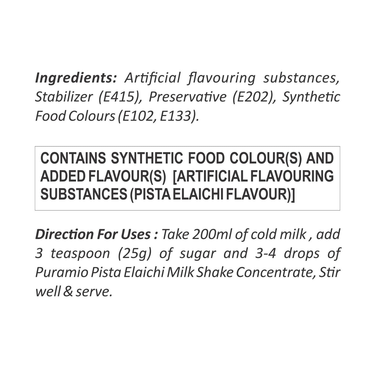 Puramio Milk Shake Mix | Concentrate - [For Milk Shakes/Mocktails/Flavoured Juices], (Pista Elaichi)