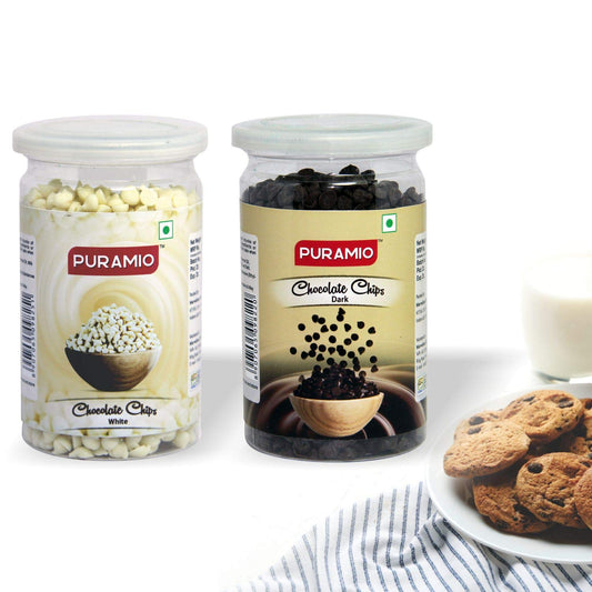 Puramio Combo Pack of - White & Dark Chocolate Chips, 200g Each