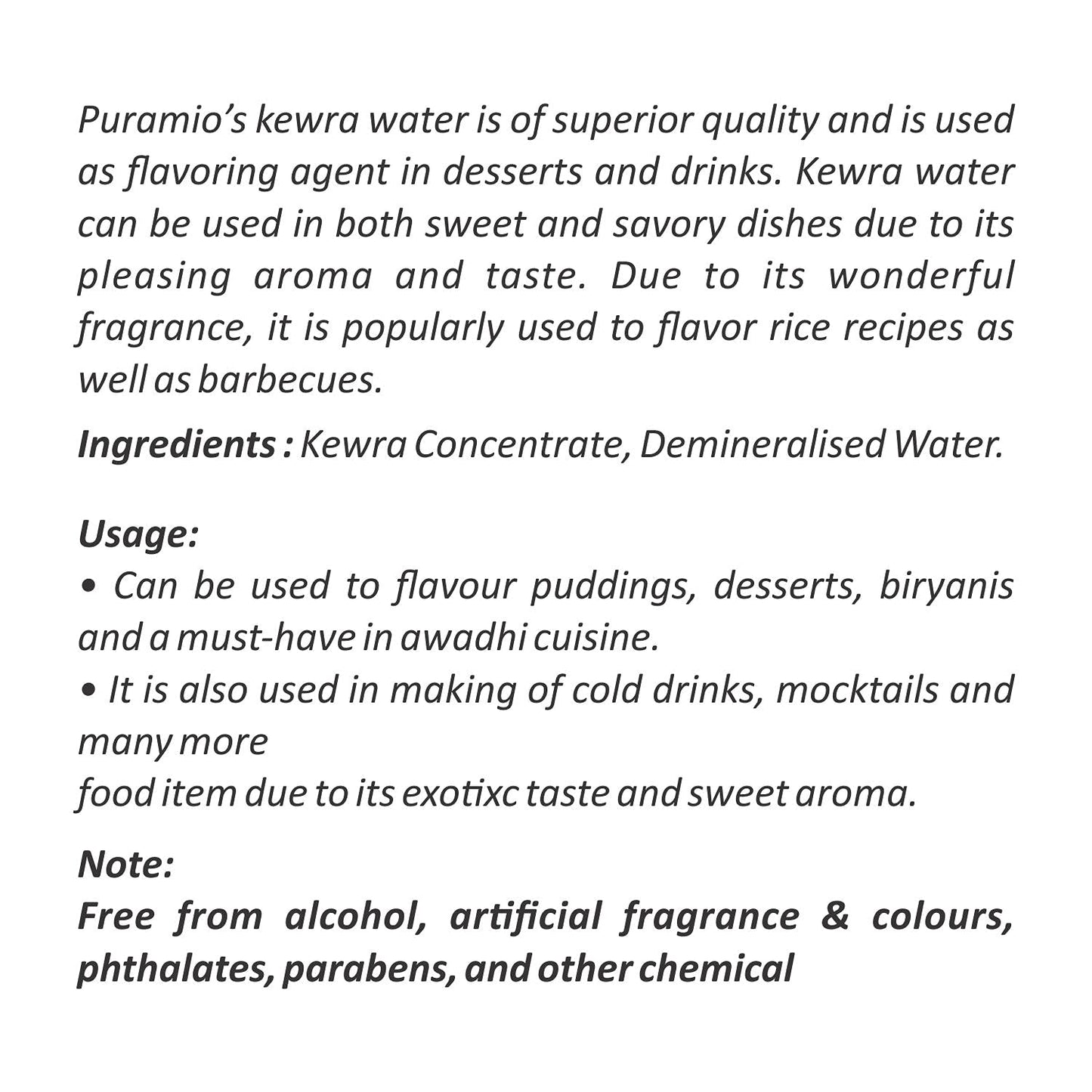 PURAMIO Kewra (Pandanus) Water for Biryani and Mughlai Dishes, (500ml)