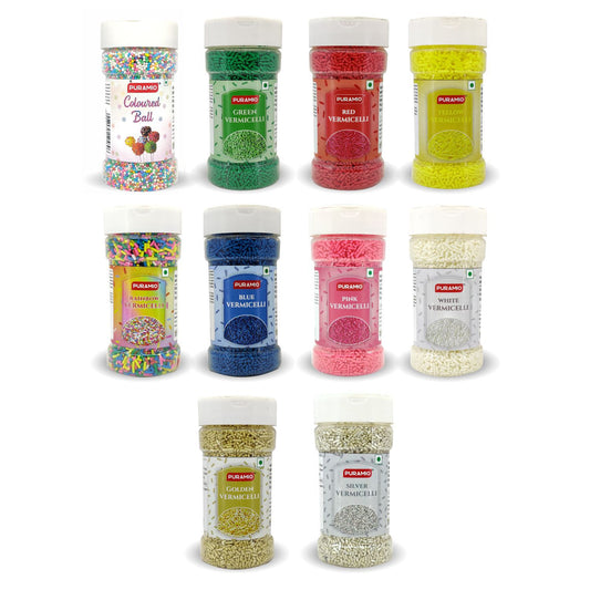 Puramio Combo Pack of 10 Vermicelli for Cake Decoration - [(Golden & Silver, Each 50g) (Coloured Balls, White, Yellow, Rainbow, Pink, Red, Green & Blue, Each 125g)]