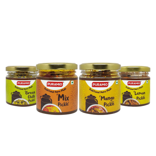 Puramio "Traditional Home Made Pickle Combo of- Mango (150g), Green Chilli (115g), Lemon (200g) & Mixed (180g)" "(Pack of 4)"