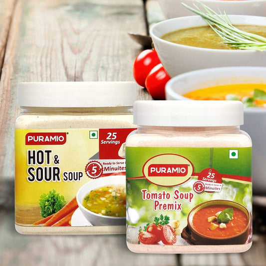 Puramio Soup Premix Combo Pack of 2 - Tomato and Hot & Sour, 250g Each