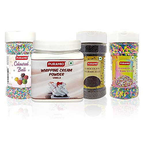 Puramio Cake Decoration Combo Kit - Whipping Cream-250g, Rainbow Vermicelli-125g, Chocolate Vermicelli-125g, Coloured Balls-150g