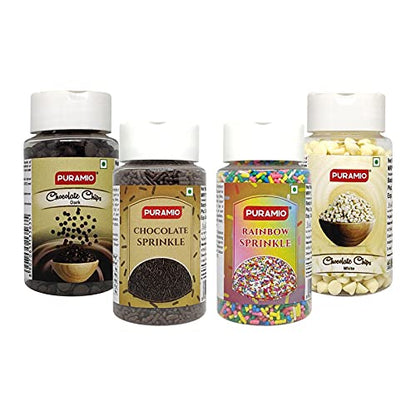 Puramio Cake Topping Combo (75g Each, Pack of 4)- Dark Choco Chips + White Choco Chips + Rainbow Sprinkle & Chocolate Sprinkle