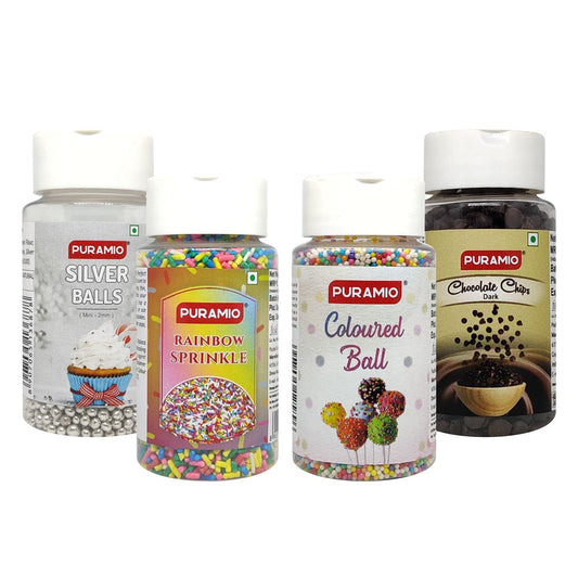 Puramio Cake Topping Combo - Silver Balls , Coloured Balls, Rainbow Sprinkle & Chocolate Sprinkle- 75g Each