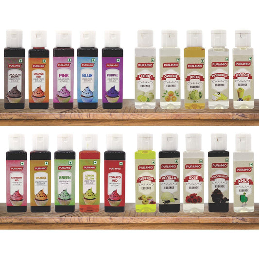 Puramio Super Saver Combo Pack- Assorted Liquid Food Colours, Pack 10 & Assorted Culinary Essence, Pack 10, (30ml Each)