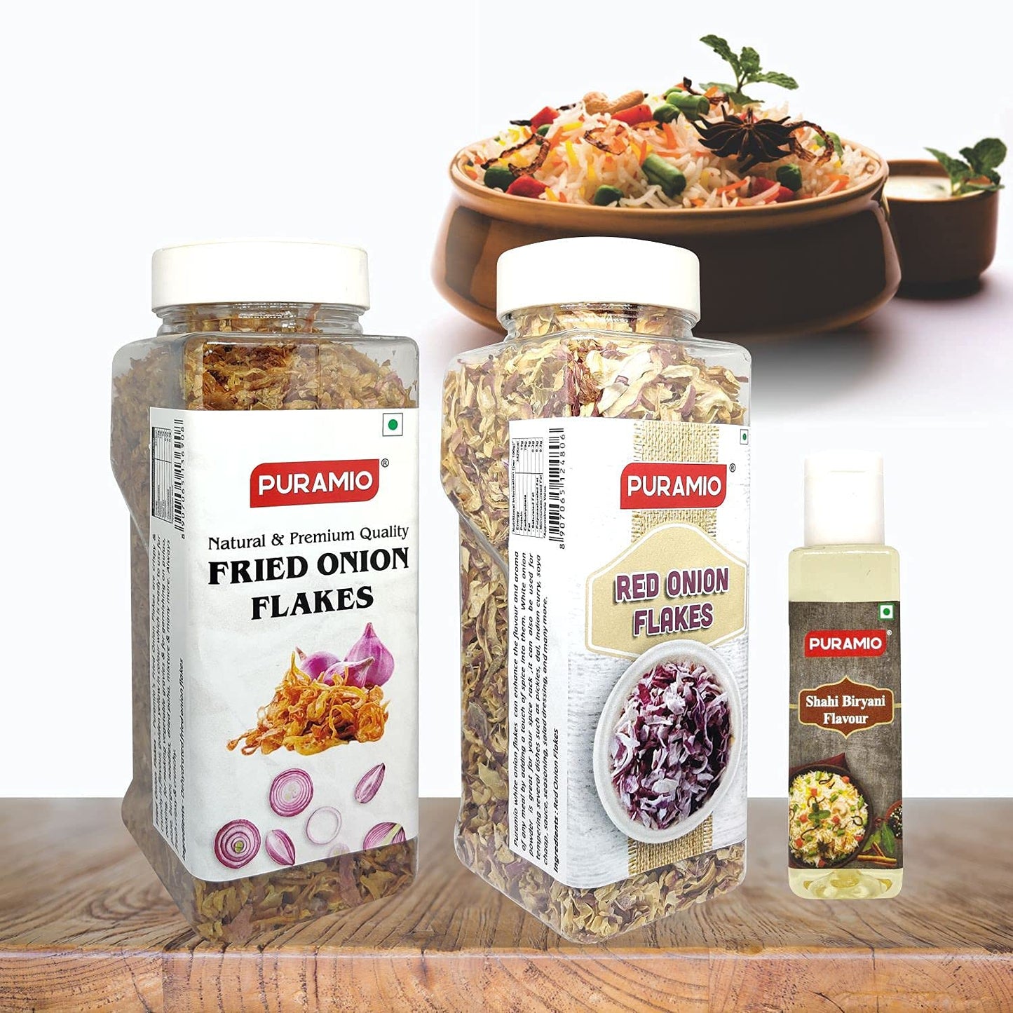 Puramio Biryani Combo Pack - Fried Onion Flakes (250g), Red Onion Flakes (200g) & Shahi Biryani Flavour (50ml)