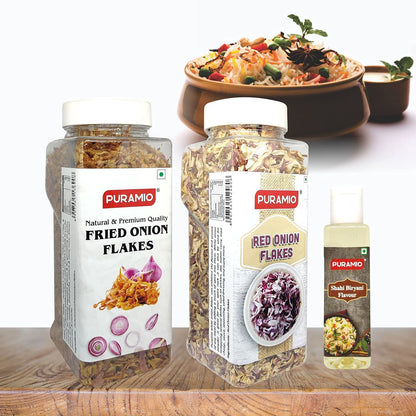 Puramio Biryani Combo Pack - Fried Onion Flakes (250g), Red Onion Flakes (200g) & Shahi Biryani Flavour (50ml)