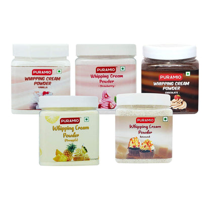 Puramio Whipping Cream Powder Vanilla, Chocolate, Pineapple, Strawberry and Butterscotch, (250g Each (Pack of 5))