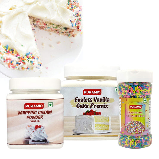 Puramio "Vanilla Cake" Making Kit - Whipping Cream (Vanilla), 250g + Vanilla Cake Premix, 350g + Rainbow Vermicelli, 125g