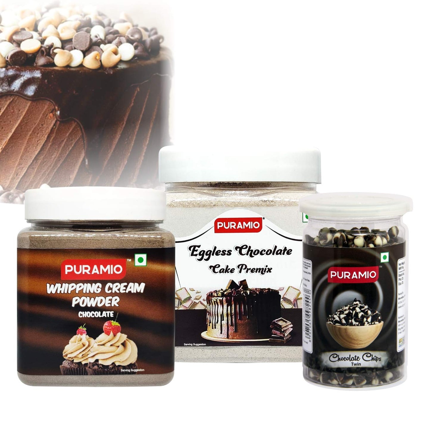 Puramio "Chocolate Cake" Making Kit - Chocolate Cake Premix, 350g + Whipping Cream (Chocolate), 250g + Twin Choco Chips, 200g