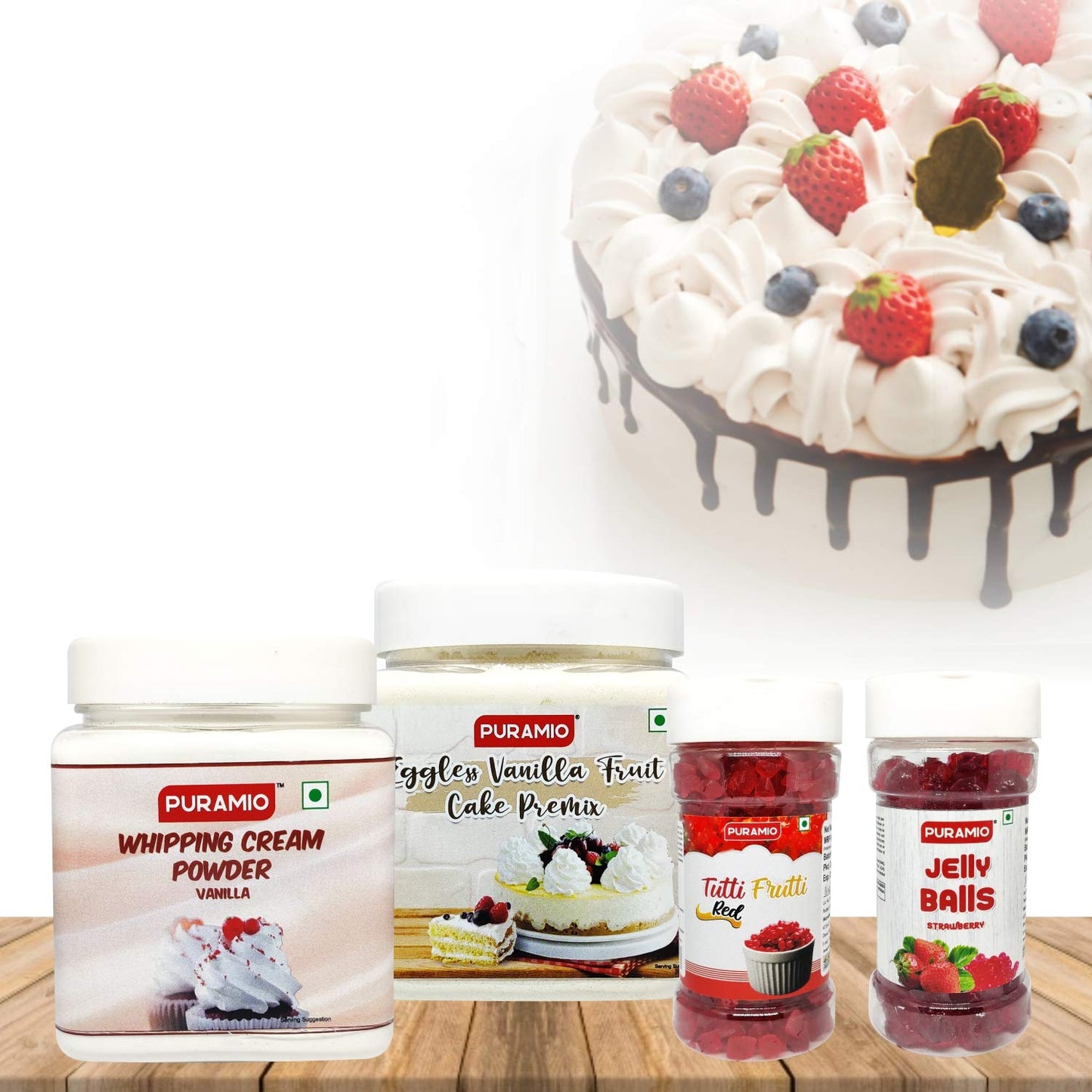 Puramio Vanilla Fruit Cake Making Kit - Fruit Cake Premix (Vanilla), 350g + Whipping Cream (Vanilla), 250g + Jelly Balls (Strawberry), 150g + Tutti Frutti (Red), 125g (Pack of 4)