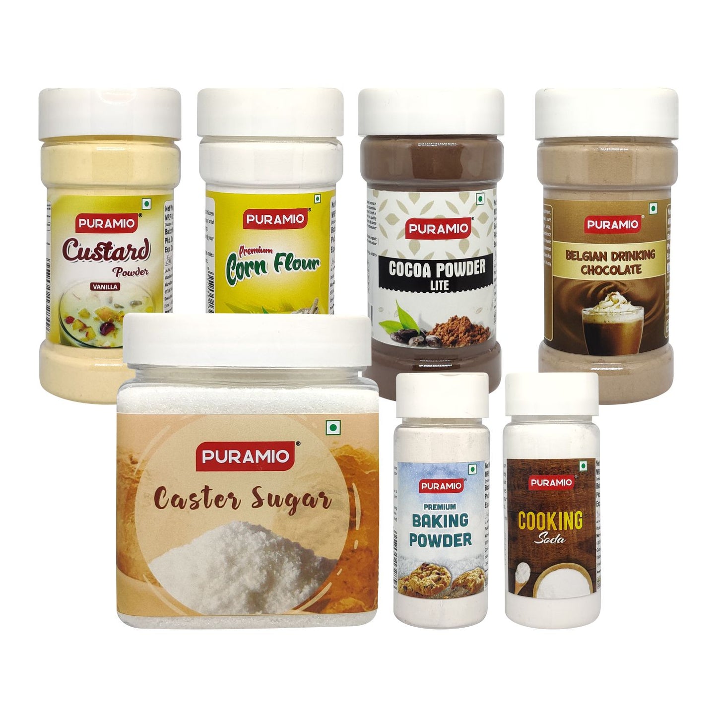 PURAMIO Kitchen/Home Essentials Pack of 7 - Corn Flour, Custard Powder, Baking Powder, Cooking Soda, Cocoa Powder, Drinking Chocolate - 100g Each & Caster Sugar - 500g