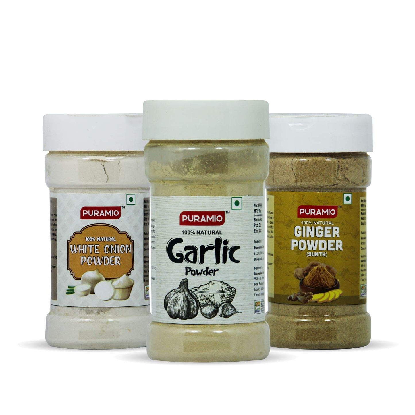 Puramio Sprinkler Jar Combo (Pack of 3)- White Onion Powder (100g), Garlic Powder (100g) and Ginger Powder (100g)