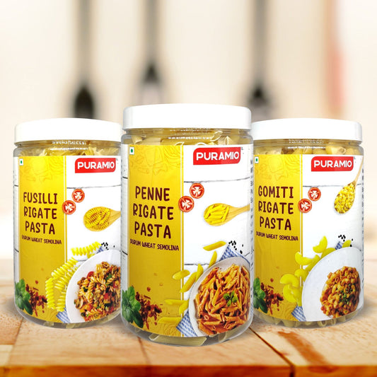 Puramio Combo Pack - Penne Rigate (800g), Gomiti Rigate (850g) & Fusilli Durrum Wheat Semolina Pasta, (650g)