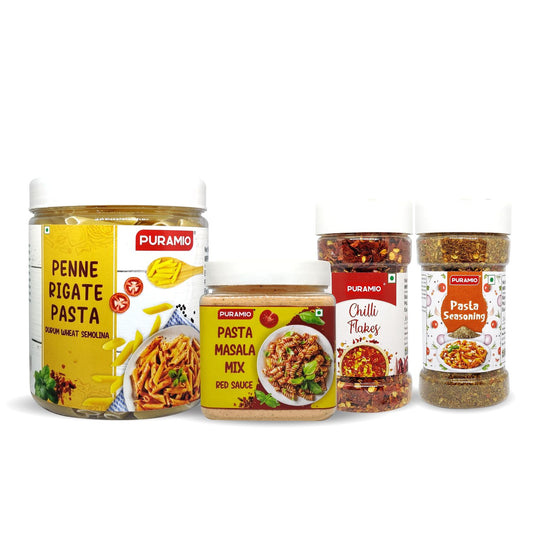 Puramio Pasta Combo Pack Penne Rigate - Durrum Wheat Semolina Pasta (600g), Pasta Masala Mix - Red Sauce (250g), Pasta Seasoning (100g) & Chilli Flakes (70g)