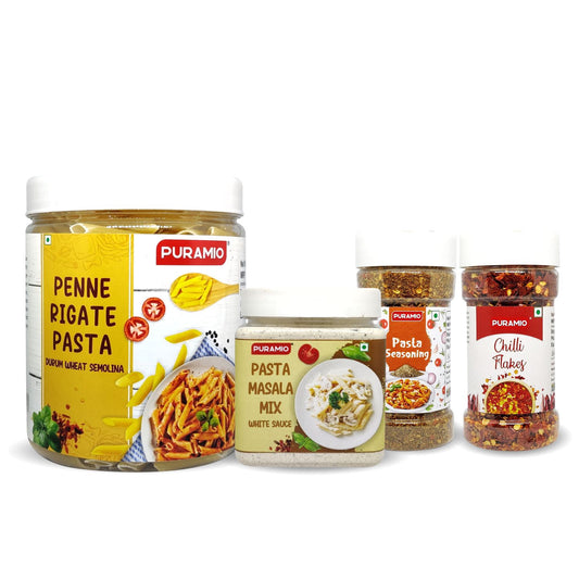 Pasta Combo Pack Penne Rigate - Durrum Wheat Semolina Pasta (600g), Pasta Masala Mix - White Sauce (250g), Pasta Seasoning (100g) & Chilli Flakes (70g)